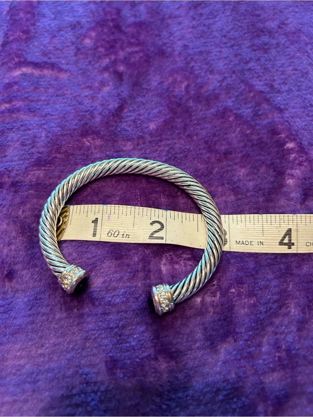 Sterling-Tone Twisted Cable Cuff Bracelet with Black Gem End Caps